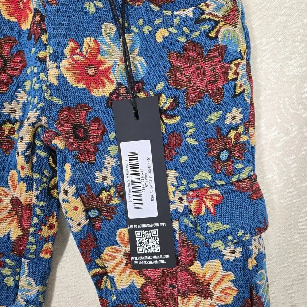 Rockstar Original Finn Slim Flare Tapestry Pants Boys sz 5T Blue Multi Floral - Picture 10 of 16